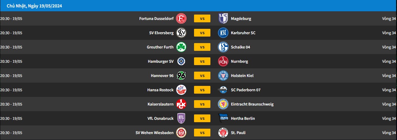 lịch thi đấu giải hạng 2 Đức Bundesliga 2